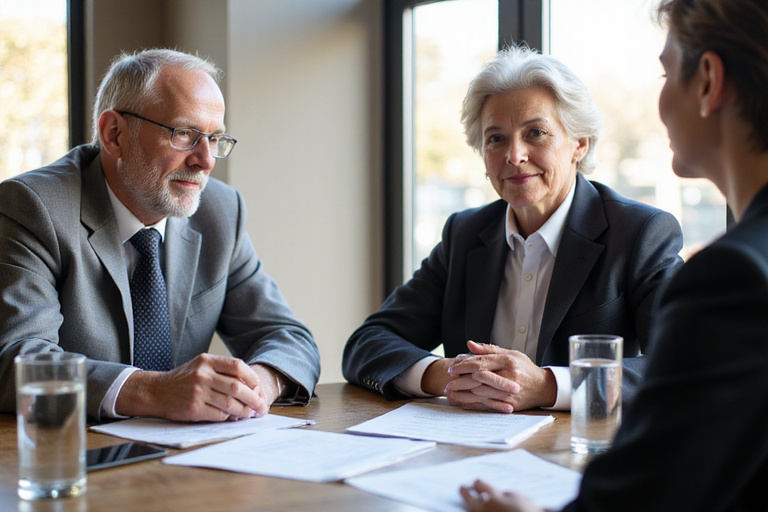 Senior couple organizing legal documents with their lawyer