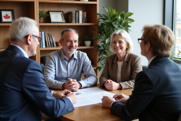 Happy senior couple meeting with a lawyer in a comfortable office setting