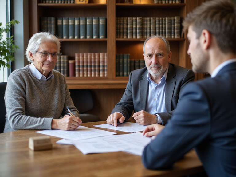 Senior couple meeting with lawyer in a comfortable office setting